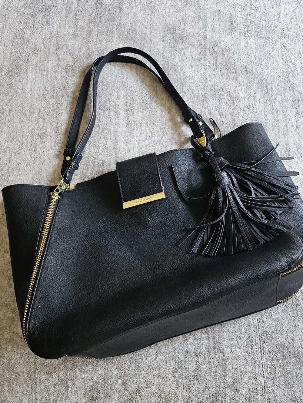 Steve Madden Large Zip Tote Black Vegan Pebbled Leather Shoulder Bag